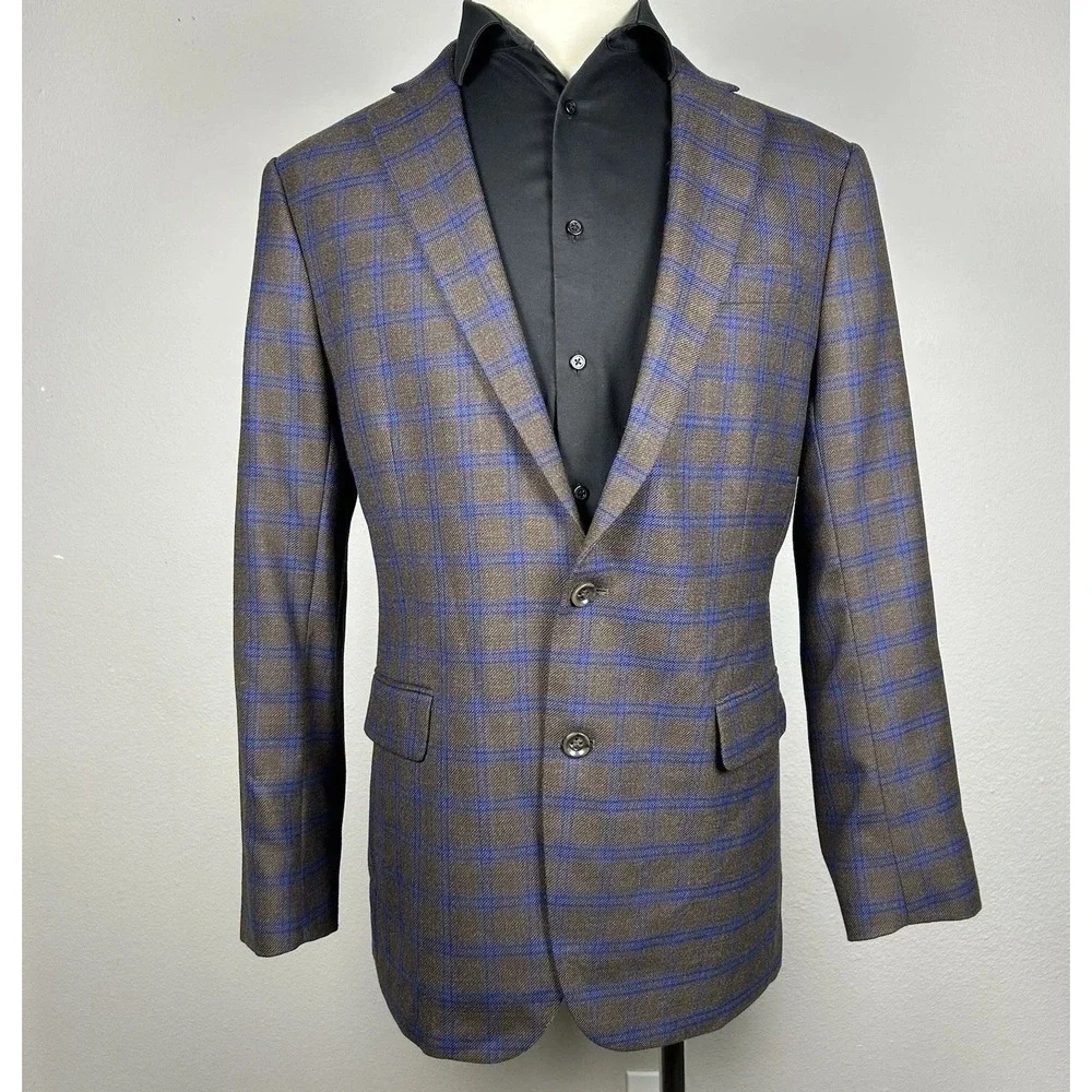 Stafford Men's Sport Coat Blazer Gray Brown Blue Plaid Wool Blend 42R 2 Button